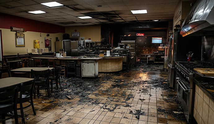 Fire damaged restaurant kitchen and dining area