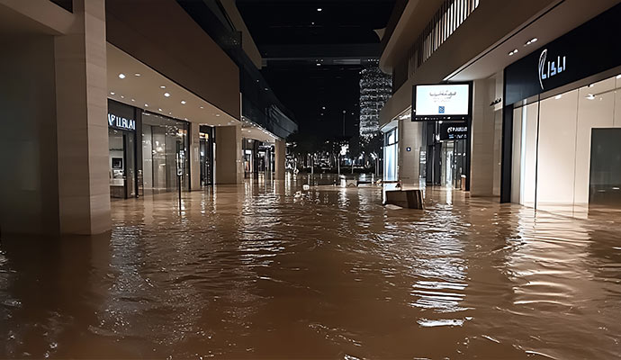 Flooded indoor retail shopping mall with water