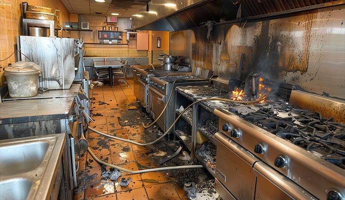 Fire damage in a restaurant kitchen