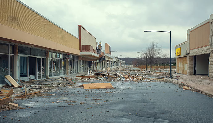 A retail mall with scattered debris and structural damage after a storm