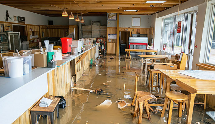 Water damaged restaurant dining interior