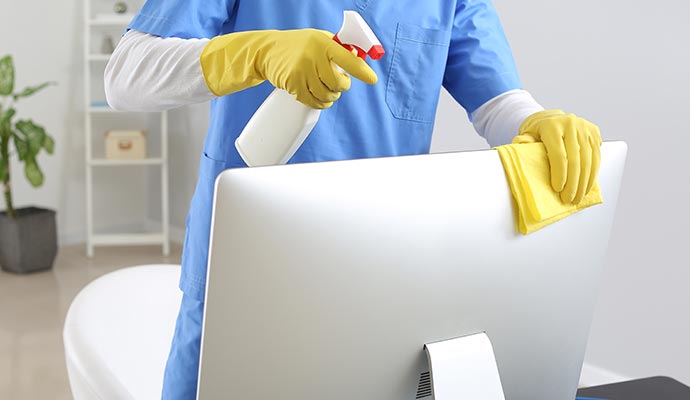 A person is disinfecting a monitor A person is disinfecting a monitor
