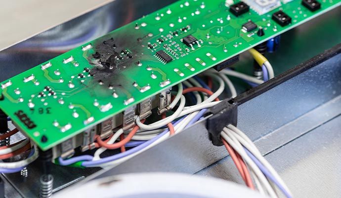 Burnt electronic board caused by overheating or surge Circuit board showing signs of overheating and electrical burn damage