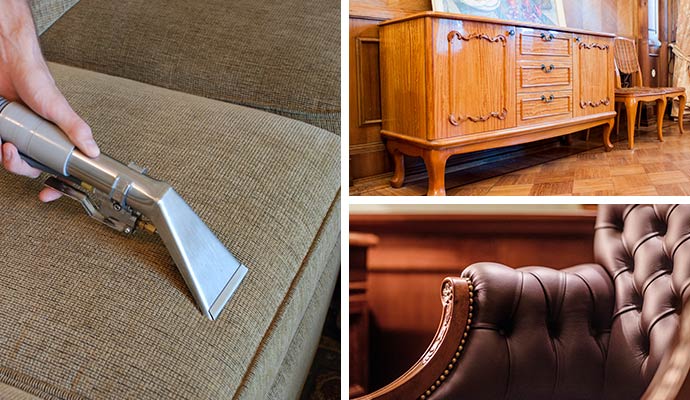 Collage of upholstery cleaning, clean wooden cabinet and sofa