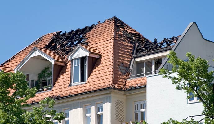 Fire damaged roof of a house