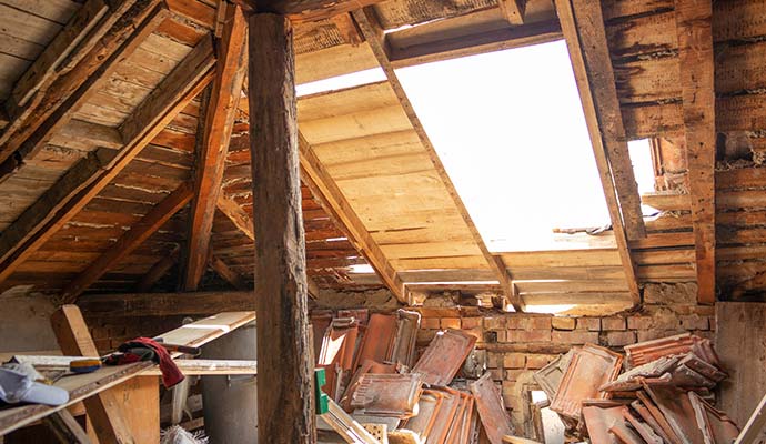 Damaged attic roof with large opening and weathered wood rafters