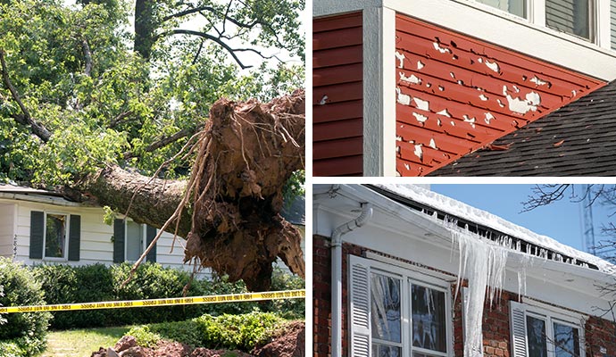 Collage of wind, hail and heavy snow damaged properties