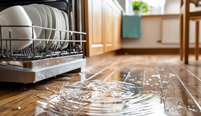Water puddle on hardwood floor from an overflowing dishwasher
