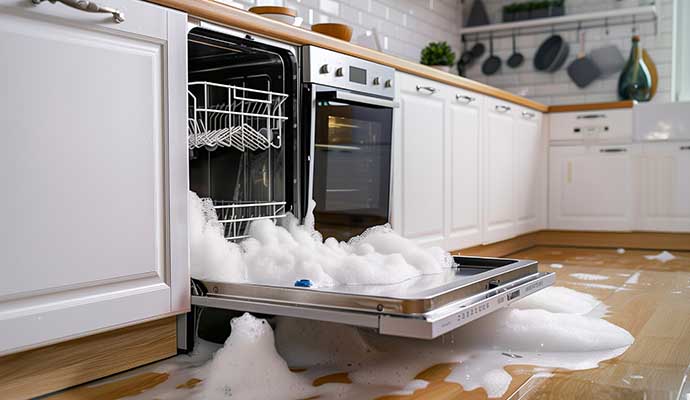 Dishwasher overflowing with soap suds onto kitchen floor