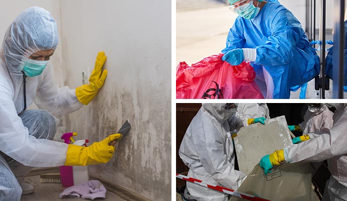 Collage of mold remediation service, biohazard cleanup service and asbestos removal service