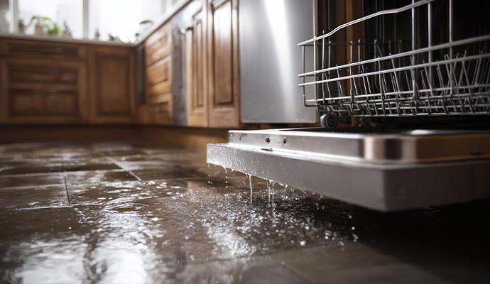 Water leaking and dripping from open dishwasher into kitchen tile floor
