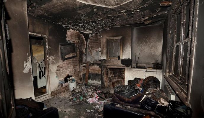 Extensive fire damage inside residential home Interior room showing extensive damage caused by house fire