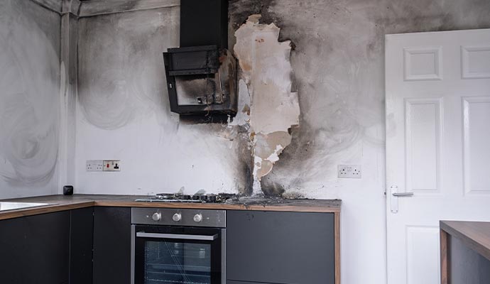 Fire damaged kitchen drywall