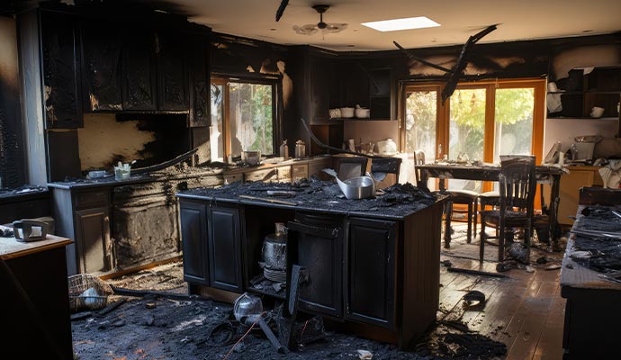 Fire damaged residential kitchen.