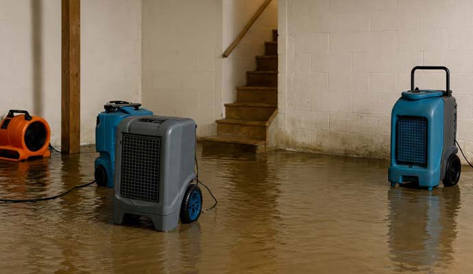 Industrial dehumidifiers and air movers placed in standing water in a flooded basement