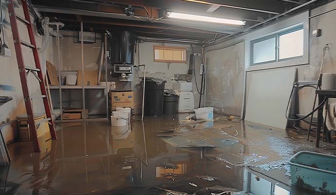 Flooded basement utility room with standing water, floating debris, and storage items