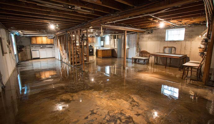 Flooded residential basement interior with muddy standing water covering the floor