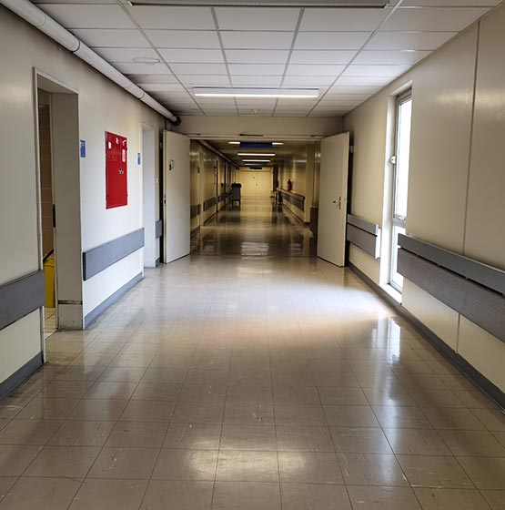 A long hospital hallway.