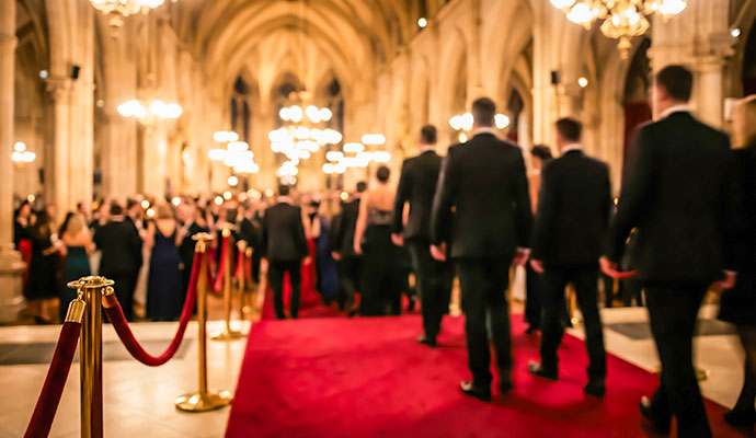 Luxury party hall with a red carpet entry