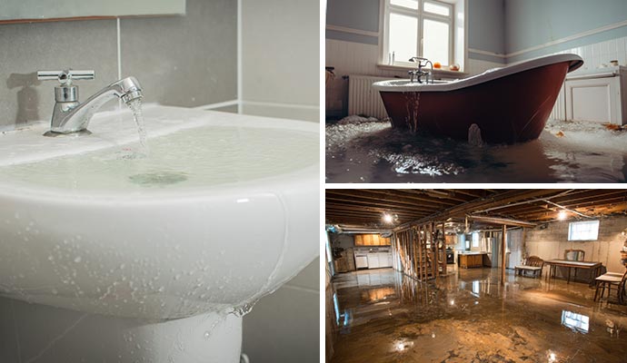 Overflowing sink and flooded basement