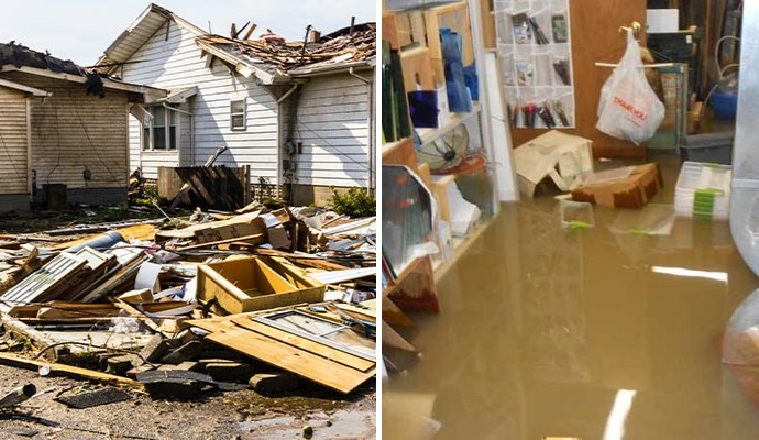 Residential storm and flood damage to property Collage showing residential property severely damaged by storm and floodwater