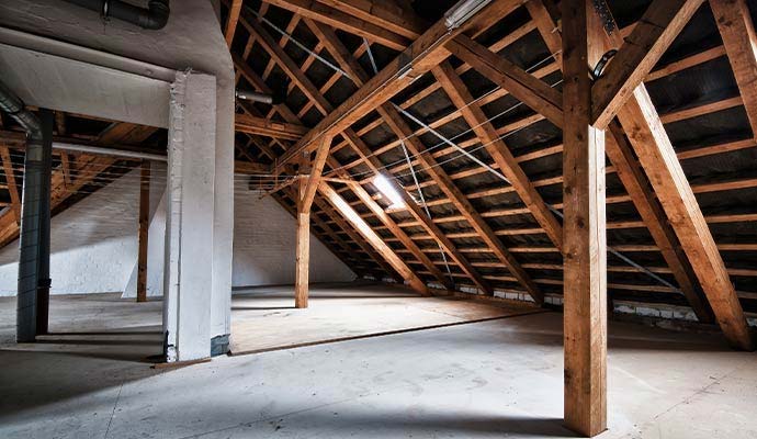 Restored, clean, and dry attic interior with timber roof framing and rafters