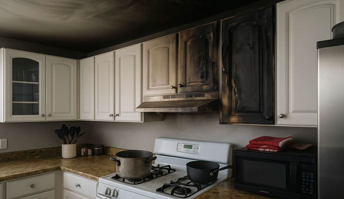 Soot damaged kitchen cabinet