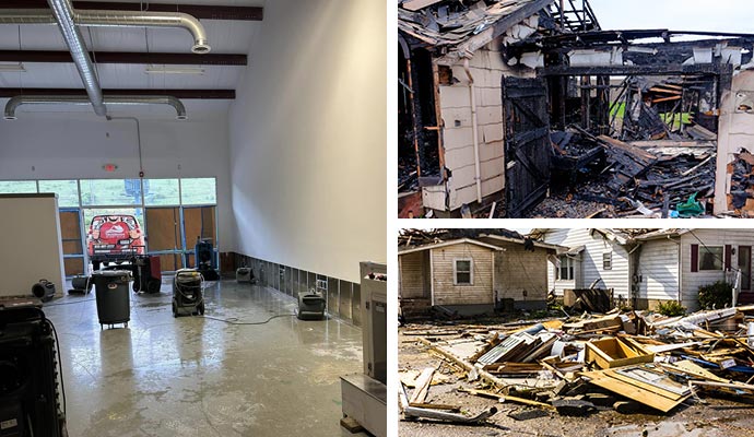 Collage of water damage restoration, fire damaged and storm damaged house Collage of water damage restoration, fire damaged and storm damaged house