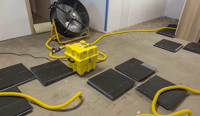 Industrial drying fan and moisture control equipment set up for structural drying