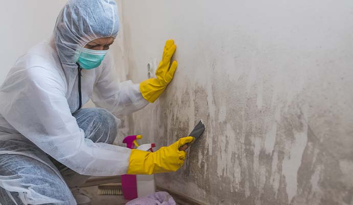 Technician in protective hazmat suit and mask removing mold from wall