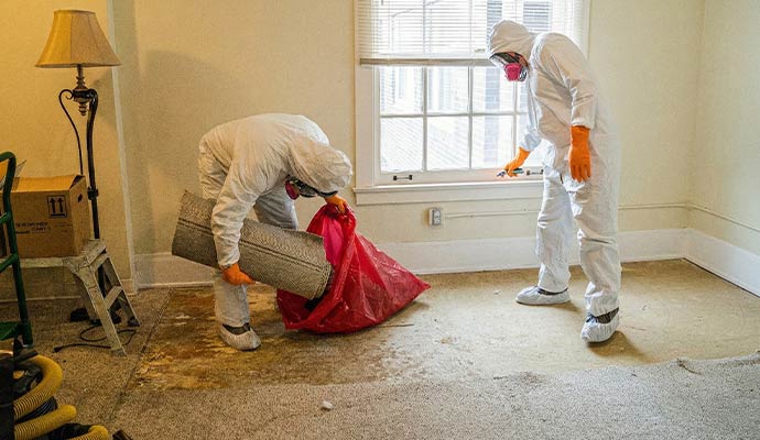Two professional with full hazmat suits cleaning biohazard waste