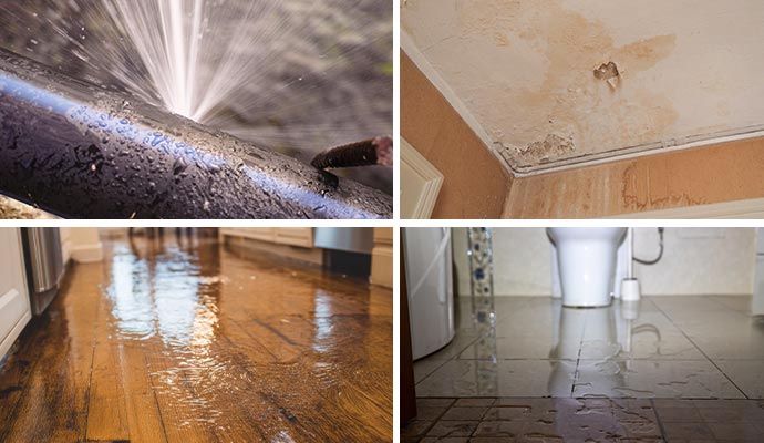 Collage of broken water pipe, water damaged ceiling, water damaged wooden floor, and water damaged bathroom floor