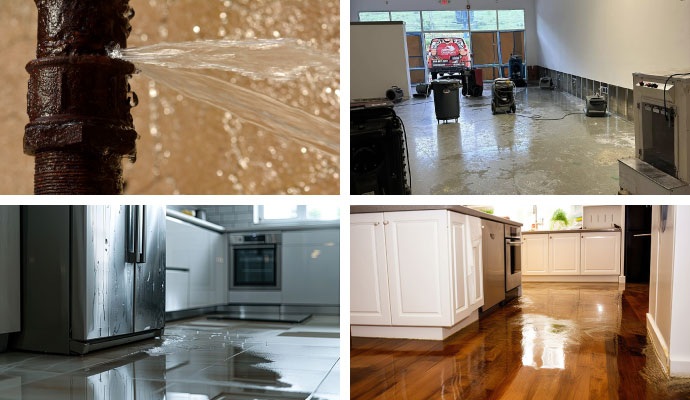 Collage of water spraying out from a broken water pipe, water extraction service, water damaged wooden floor and appliance leak