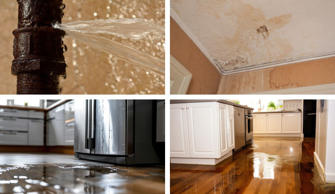 Collage of water spraying out from a broken water pipe, water damaged ceiling due to roof leak, appliance leak and water damaged wooden floor