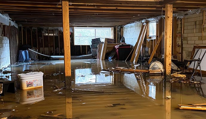 Flooded basement with standing water on the floor A flooded basement with standing water covering the entire floor