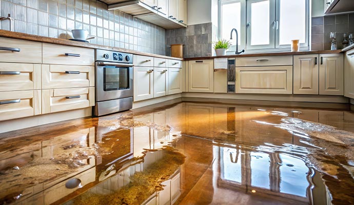 Flooded kitchen floor covered with reflective standing water from a sink overflow