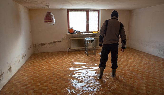 Technician in a flooded room inspecting water damage on walls and floor.
