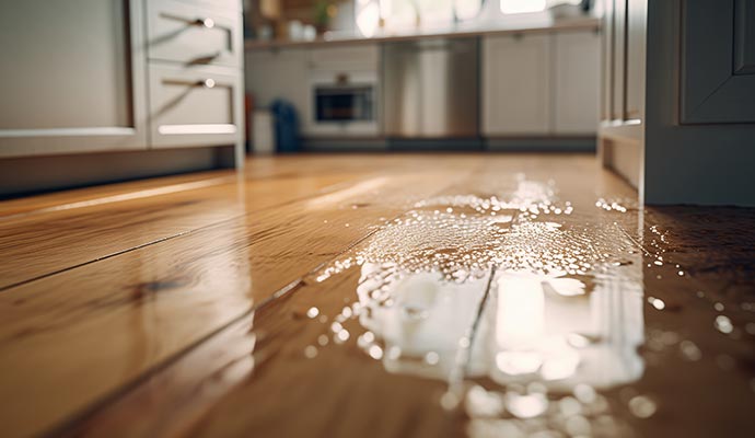 Water pooling on a modern kitchen wooden floor from an indoor plumbing leak
