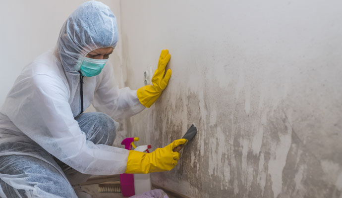 Technician in protective hazmat suit and mask scraping mold from a water-damaged wall