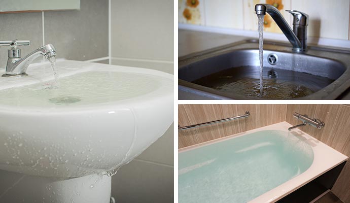 Overflowing bathroom sink kitchen sink and shower tub