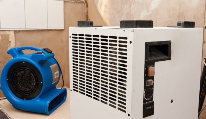 Industrial dehumidifier and blue air mover blower fan used for water extraction and drying