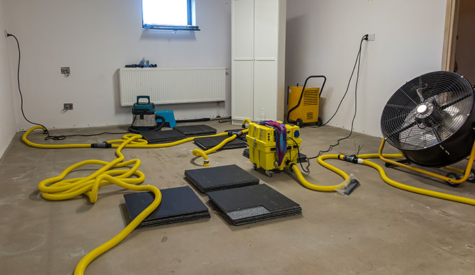 Floor mat drying system, yellow dehumidifier, and high-velocity fan set up in a room