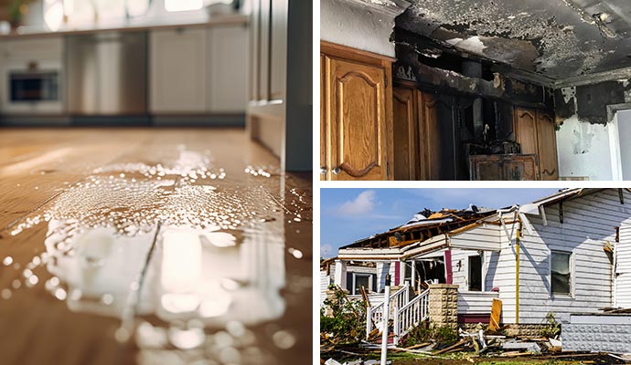 Water damaged floor, fire damaged kitchen and disaster damaged house