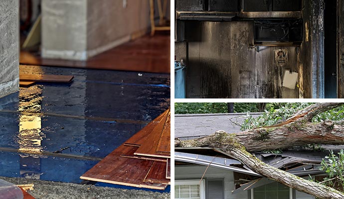 Water damaged floor, fire damaged kitchen and storm damaged roof