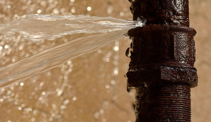 Water leaking from a broken rusty iron pipe